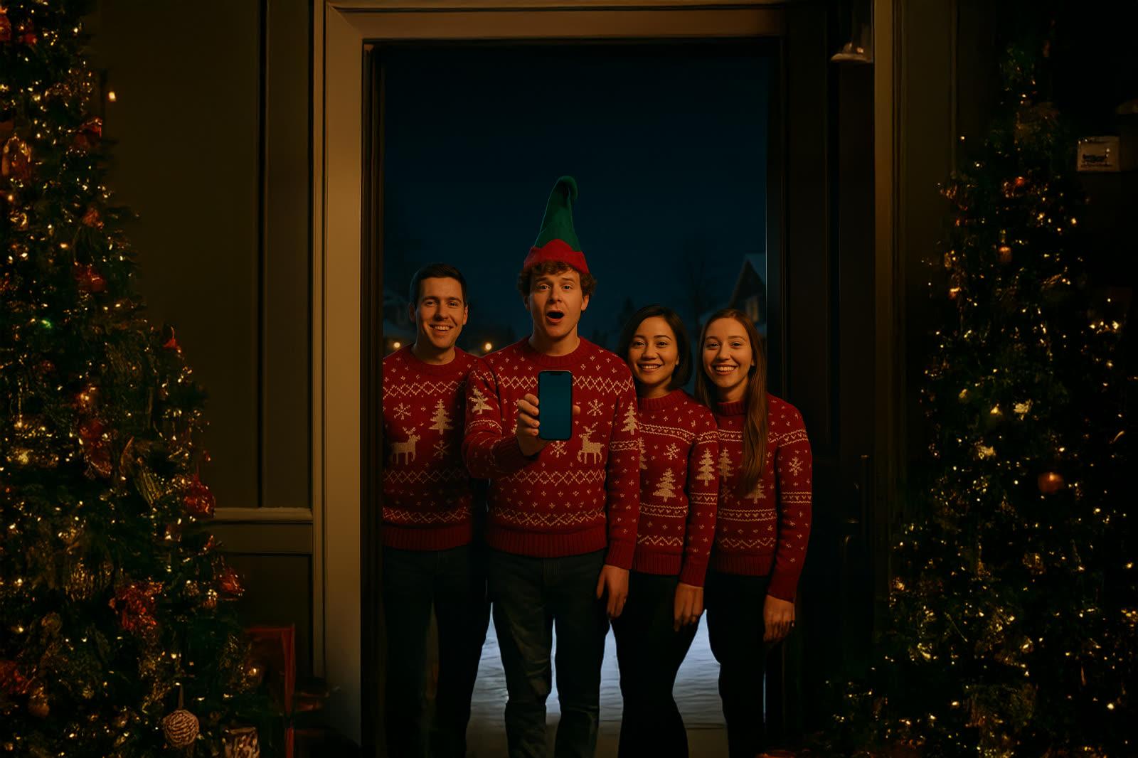 A family in matching Christmas jumpers singing at a doorway, from the AI Carolers experience