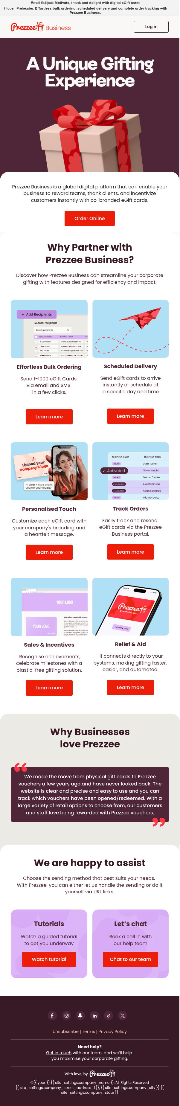 A Unique Gifting Experience email — partner pitch with product shots and value props, rendered end to end
