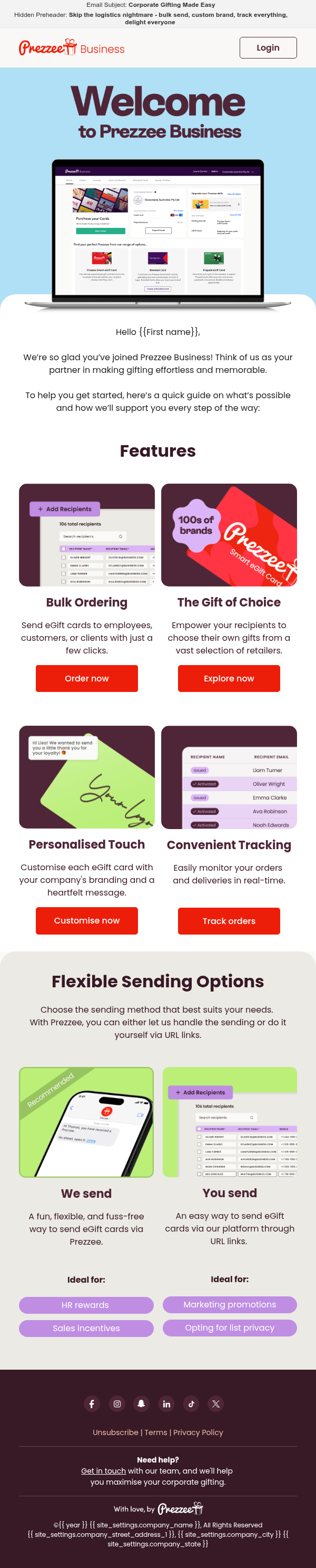 Welcome to Prezzee Business email — hero, feature grid and flexible spending options, rendered end to end