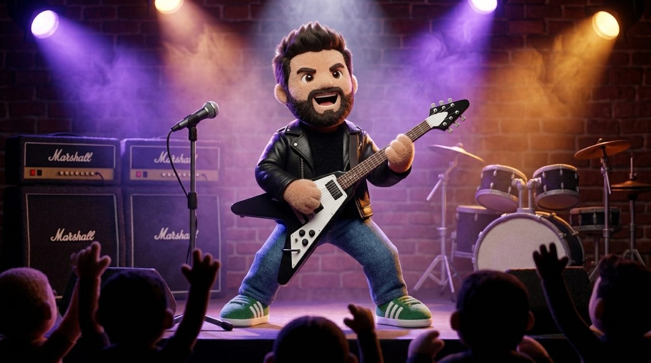 Plush Rafa on stage with a Flying V guitar under coloured lights