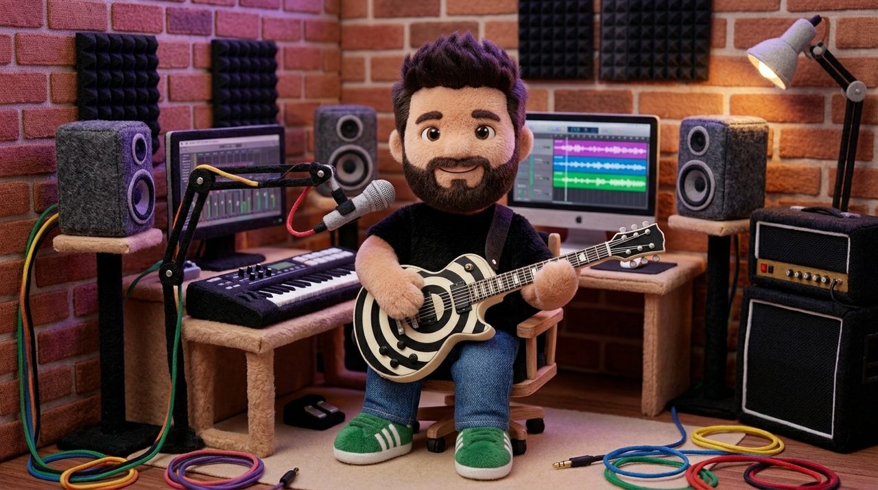 Plush Rafa in his home studio with a bullseye Les Paul, keyboard and monitors